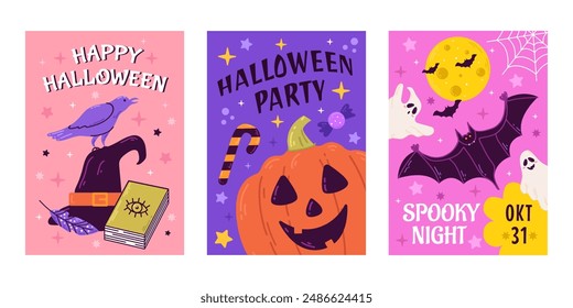 Happy Halloween party posters or flyers set. Vector illustration with pumpkin, ghost, moon and bat
