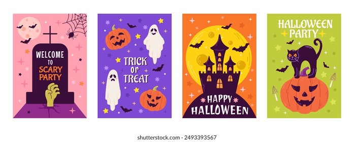 Afiches o volantes de la fiesta de Halloween. Ilustración vectorial con Web de calabaza, fantasma, luna, murciélago y arañas