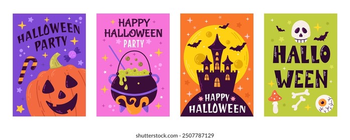 Happy Halloween party posters or flyers set. Vector illustration with pumpkin, ghost, moon, bat, and spiders web