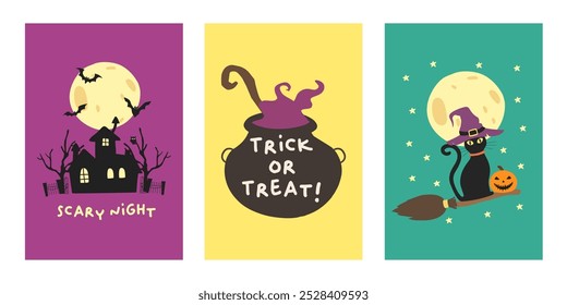 Conjunto de carteles o volantes de feliz fiesta de Halloween. Vector de tarjeta de invitación de fiesta de Halloween. Conjunto de Elementos de Halloween, fantasma, calabaza y murciélago. Publicación en las redes sociales de Halloween Anuncio Trick or Treat.