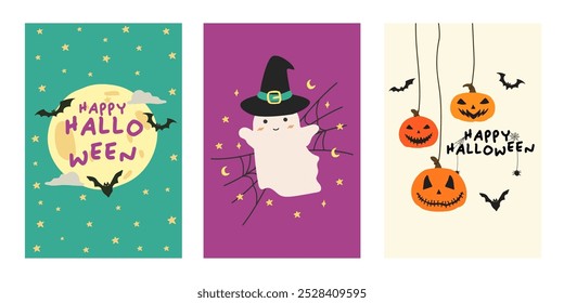 Conjunto de carteles o volantes de feliz fiesta de Halloween. Vector de tarjeta de invitación de fiesta de Halloween. Conjunto de Elementos de Halloween, fantasma, calabaza y murciélago. Publicación en las redes sociales de Halloween Anuncio Trick or Treat.