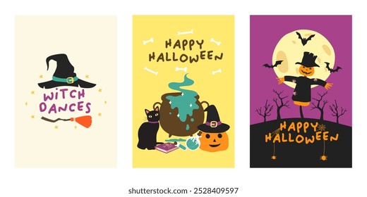 Posteres ou panfletos de festa de Halloween feliz. Vetor de cartão de convite de festa de Halloween. Halloween conjunto de elementos, fantasma, abóbora e morcego. Banner de Halloween Truque ou Trate postagem de mídia social.