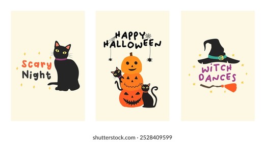 Happy Halloween party posters or flyers set. Halloween party invitation card vector. Halloween set of elements, ghost, pumpkin and bat. Halloween banner Trick or Treat social media post.