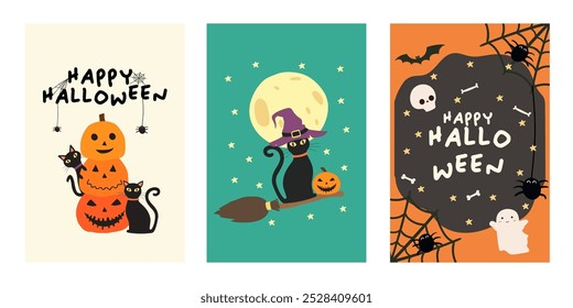 Happy Halloween party posters or flyers set. Halloween party invitation card vector. Halloween set of elements, ghost, pumpkin and bat. Halloween banner Trick or Treat social media post.