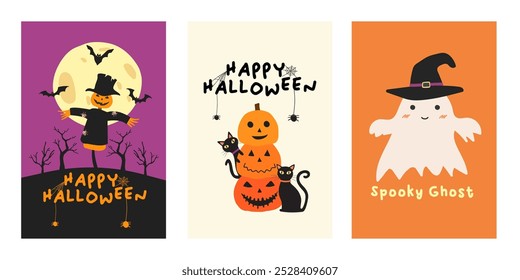 Posteres ou panfletos de festa de Halloween feliz. Vetor de cartão de convite de festa de Halloween. Halloween conjunto de elementos, fantasma, abóbora e morcego. Banner de Halloween Truque ou Trate postagem de mídia social.