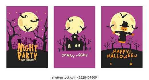 Happy Halloween party posters or flyers set. Halloween party invitation card vector. Halloween set of elements, ghost, pumpkin and bat. Halloween banner Trick or Treat social media post.