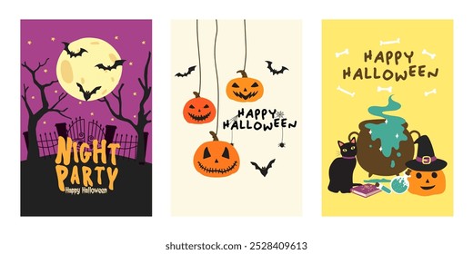 Happy Halloween party posters or flyers set. Halloween party invitation card vector. Halloween set of elements, ghost, pumpkin and bat. Halloween banner Trick or Treat social media post.