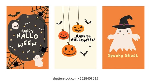 Conjunto de carteles o volantes de feliz fiesta de Halloween. Vector de tarjeta de invitación de fiesta de Halloween. Conjunto de Elementos de Halloween, fantasma, calabaza y murciélago. Publicación en las redes sociales de Halloween Anuncio Trick or Treat.