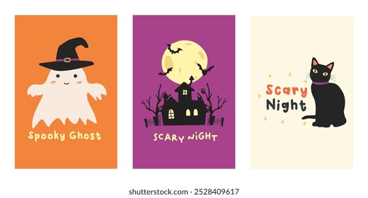 Happy Halloween party posters or flyers set. Halloween party invitation card vector. Halloween set of elements, ghost, pumpkin and bat. Halloween banner Trick or Treat social media post.