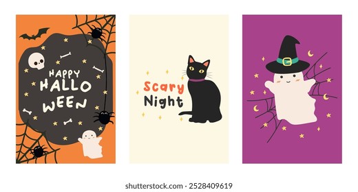 Happy Halloween party posters or flyers set. Halloween party invitation card vector. Halloween set of elements, ghost, pumpkin and bat. Halloween banner Trick or Treat social media post.