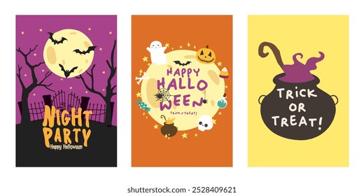 Conjunto de carteles o volantes de feliz fiesta de Halloween. Vector de tarjeta de invitación de fiesta de Halloween. Conjunto de Elementos de Halloween, fantasma, calabaza y murciélago. Publicación en las redes sociales de Halloween Anuncio Trick or Treat.