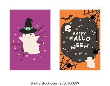 Posteres ou panfletos de festa de Halloween feliz. Vetor de cartão de convite de festa de Halloween. Halloween conjunto de elementos, fantasma, abóbora e morcego. Banner de Halloween Truque ou Trate postagem de mídia social.