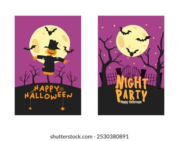 Posteres ou panfletos de festa de Halloween feliz. Vetor de cartão de convite de festa de Halloween. Halloween conjunto de elementos, fantasma, abóbora e morcego. Banner de Halloween Truque ou Trate postagem de mídia social.