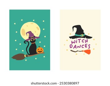 Posteres ou panfletos de festa de Halloween feliz. Vetor de cartão de convite de festa de Halloween. Halloween conjunto de elementos, fantasma, abóbora e morcego. Banner de Halloween Truque ou Trate postagem de mídia social.