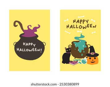 Posteres ou panfletos de festa de Halloween feliz. Vetor de cartão de convite de festa de Halloween. Halloween conjunto de elementos, fantasma, abóbora e morcego. Banner de Halloween Truque ou Trate postagem de mídia social.