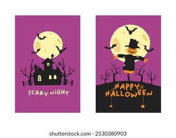 Posteres ou panfletos de festa de Halloween feliz. Vetor de cartão de convite de festa de Halloween. Halloween conjunto de elementos, fantasma, abóbora e morcego. Banner de Halloween Truque ou Trate postagem de mídia social.