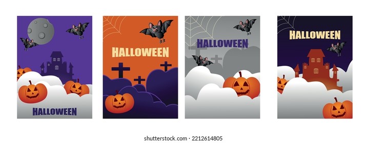 Happy Halloween party posters with night clouds and pumpkins in paper cut style. Vector illustration. Full moon, witches cauldron, spider web and flying bat. Place for text. leaflet background.