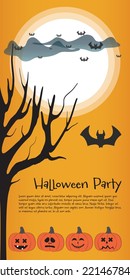 Happy Halloween party posters in paper cut style with night clouds, trees and pumpkins. Vector illustration. Full moon, witch's cauldron and flying bat. Place for text. Brochure background
