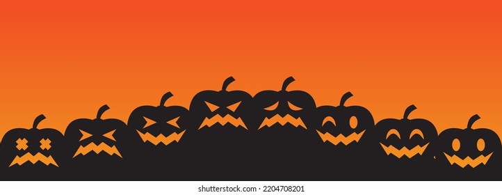 Happy Halloween party posters. Halloween pumpkins, cartoon pumpkins with funny faces. Festive background with realistic orange pumpkins with cut scary smiles, flying bats