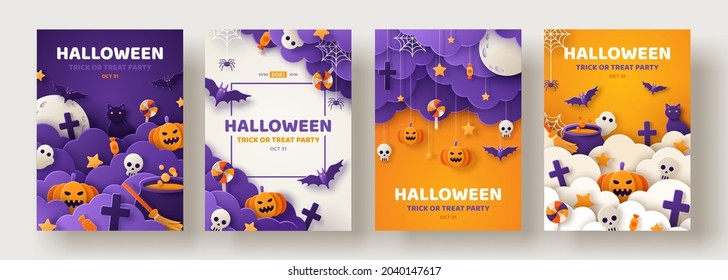Плакаты Happy Halloween Party с ночными облаками и тыквами в стиле вырезки из бумаги. Векторная иллюстрация. Полная луна, котёл ведьмы, паутина и летающая летучая мышь. Место для текста. Фон брошюры