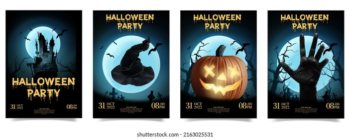 Happy Halloween party posters set . Vector illustration.  Place for text. Brochure background