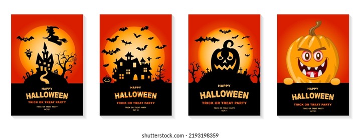 Happy Halloween party posters set. Vector illustration. Full moon, pumpkin, castle, spiders web and flying bat. Place for text. Brochure background.