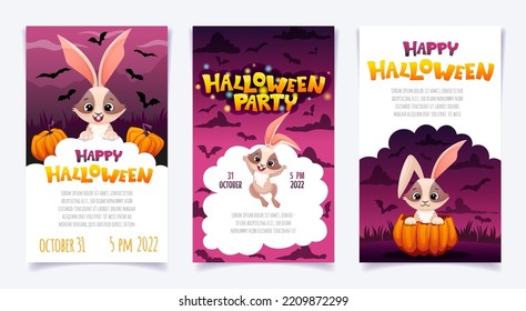Happy Halloween party posters set with cute rabbits, pumpkins, bats in cartoon style. Vector kids illustration with text space and time for flyer invitation, banner design, greeting cards.