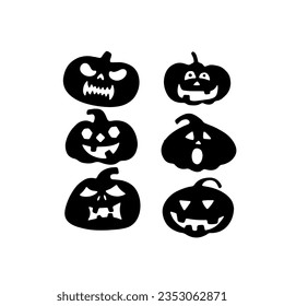 Happy Halloween party posters set with night clouds and pumpkins in paper cut style. Vector illustration. Full moon, witch cauldron, spiders web and flying bat.