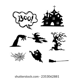 Happy Halloween party posters set with night clouds and pumpkins in paper cut style. Vector illustration. Full moon, witch cauldron, spiders web and flying bat.