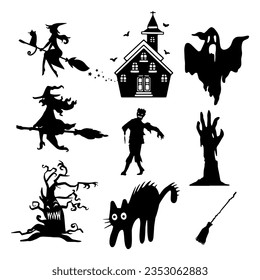 Happy Halloween party posters set with night clouds and pumpkins in paper cut style. Vector illustration. Full moon, witch cauldron, spiders web and flying bat.