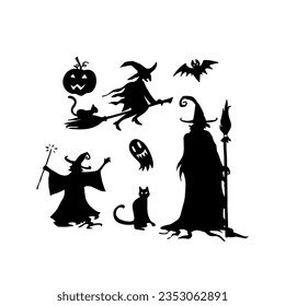 Happy Halloween party posters set with night clouds and pumpkins in paper cut style. Vector illustration. Full moon, witch cauldron, spiders web and flying bat.
