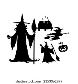 Happy Halloween party posters set with night clouds and pumpkins in paper cut style. Vector illustration. Full moon, witch cauldron, spiders web and flying bat.