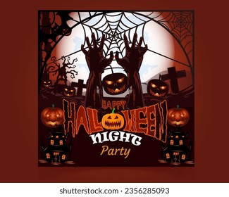 Happy Halloween party posters set with night clouds and pumpkins in paper cut style. Vector illustration, Full moon, spiders web and flying bat, witch cauldron, ghost Halloween