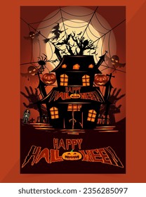 Happy Halloween party posters set with night clouds and pumpkins in paper cut style. Vector illustration, spiders web and flying bat, witch cauldron, ghost Halloween, Full moon