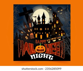 Happy Halloween party posters set with night clouds and pumpkins in paper cut style. Vector illustration, Full moon, witch cauldron, ghost Halloween, spiders web and flying bat