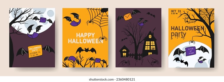 Happy Halloween party posters set with night trees and bats in flat style. Vector illustration. Full moon, spiders web and flying envelopes. Brochure background