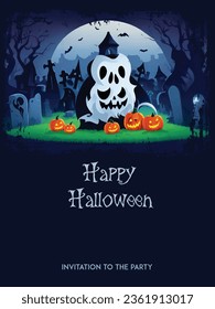 Happy Halloween party posters set with night clouds and pumpkins. Vector illustration. Full moon, witch cauldron, spiders web and flying bat. Place for text. Brochure background
