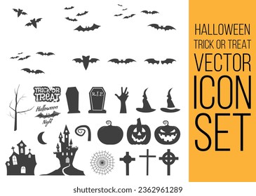 Happy Halloween party posters set with night clouds and pumpkins in paper cut style and iconography. Vector illustration. Full moon, zombie hand, spider web and bat. Place the text brochure background