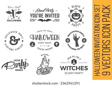 Happy Halloween party posters set with night clouds and pumpkins in paper cut style and iconography. Vector illustration. Full moon, zombie hand, spider web and bat. Place the text brochure background