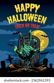 Happy Halloween party posters set with night clouds and pumpkins in paper cut style and iconography. Vector illustration. Full moon, zombie hand, spider web and bat. Place the text brochure background