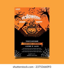 Happy Halloween party posters set with night clouds and pumpkins in paper cut style. Vector illustration. Full moon, witch cauldron, spiders web and flying bat. Place for tex