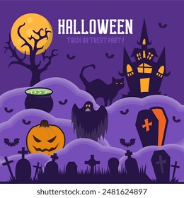 Happy Halloween party posters set with night clouds and pumpkins in paper cut style. Vector illustration. Full moon, witch cauldron, spiders web and flying bat. Place for text. Brochure background
