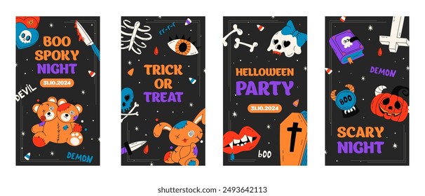 Happy Halloween party posters set or flyers set. Cute vector flat cartoon cards with voodoo dolls, pumpkin, skull, cross, eye, coffin . Vector stock illustration for social media