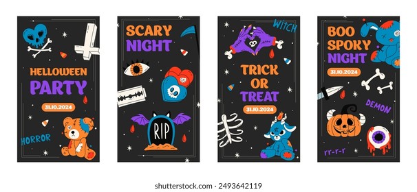 Happy Halloween party posters set or flyers set. Cute vector flat cartoon cards with voodoo dolls, pumpkin, skull, zombie hands. Vector stock illustration for social media