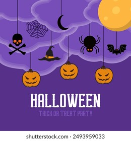 Happy Halloween party posters set with night clouds and pumpkins in paper cut style. Vector illustration