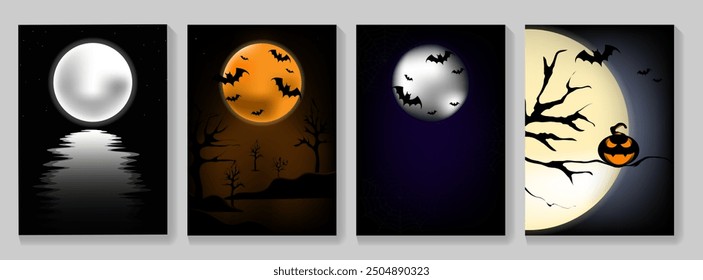 Happy Halloween party posters set, full moon, art cover horror night. October 31 holiday evening promotional artwork. Halloween Elements on background. Website Spooky, Background or Banner. Vector