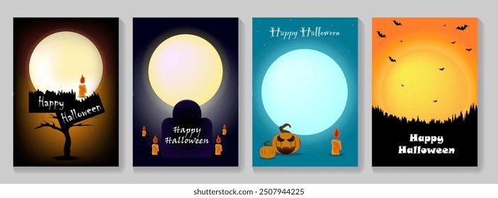 Happy Halloween party posters set, full moon, art cover horror night. October 31 holiday evening promotional artwork. Halloween Elements on background. Website Spooky, Background or Banner. Vector