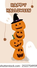 Cartazes de festa de Halloween feliz definido com abóbora coleção bonito, fantasma assustador, aranha, truque ou deleite. Festival de halloween ilustração para cartaz, convite de festa, impressões, site, promoção, anúncios. 