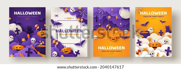 Happy Halloween party posters set with night
clouds and pumpkins in paper cut style. Vector illustration. Full
moon, witch cauldron, spiders web and flying bat. Place for text.
Brochure background