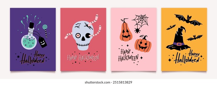 Happy Halloween party posters template set with lettering in flat design. Potion, skull, witch hat, spider web, bat. Vector backgrounds collection.
